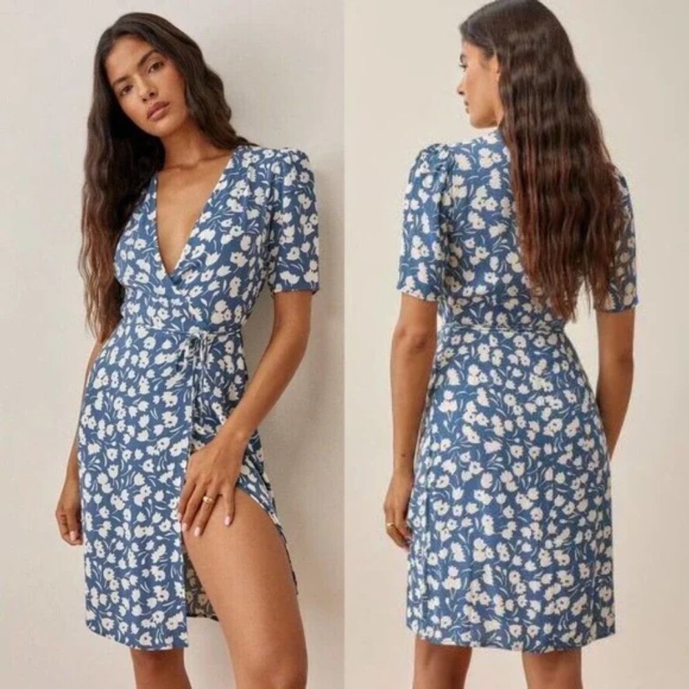 REFORMATION Laurent Blue Tuli Floral Print Wrap Dress